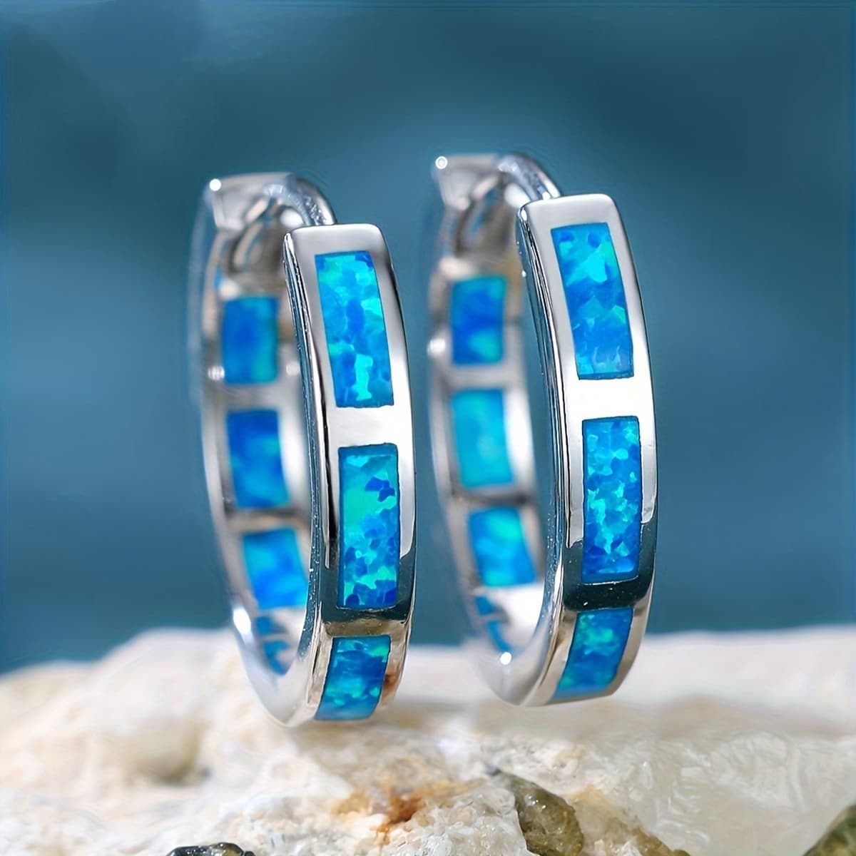 TEMU Elegant Bohemian Opal Hoop Earrings - Stainless Steel, Perfect For Weddings & Parties, Vintage/boho Style, Wear, Boho Earrings