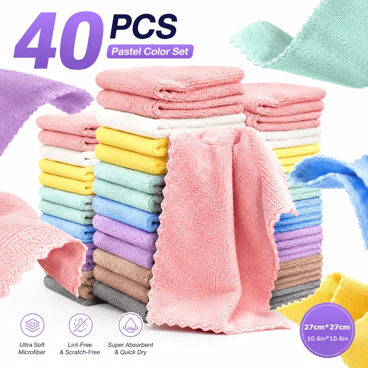 TEMU 40pcs Pack Luxury Washcloths Suitable For Household Bath & Towels - Soft Absorbent Small Square Towel Set, Assortment (random Colors), Suitable For Family Bath, Christmas & Gifts