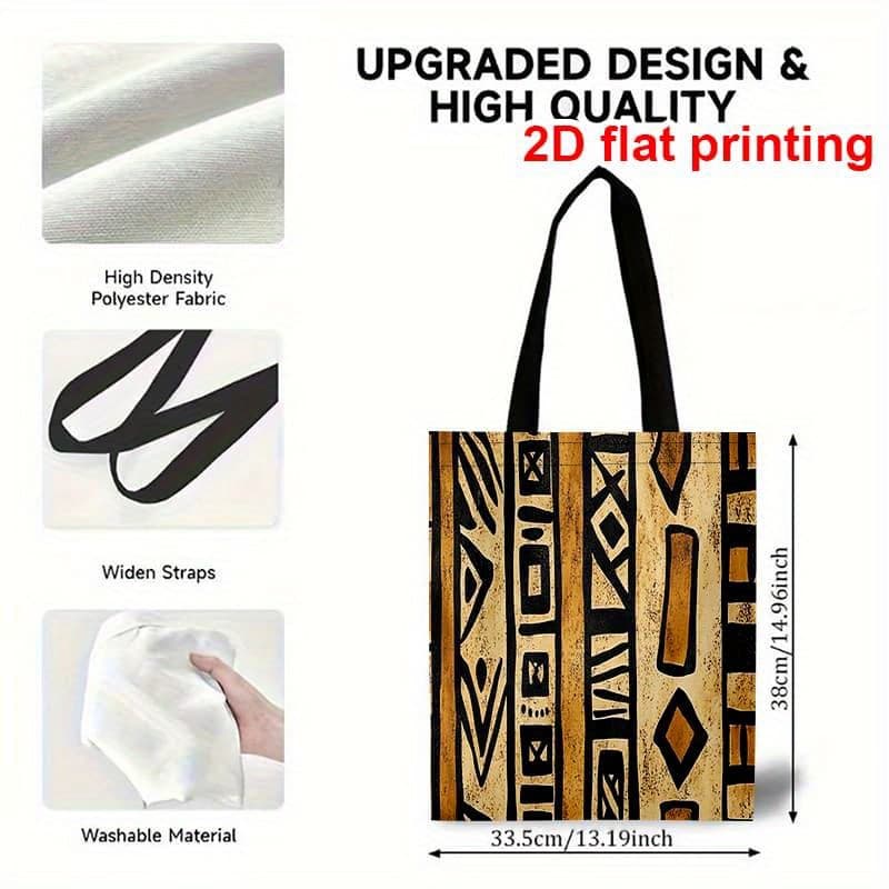 TEMU 2d Flat, Stylish African Tote Bag - Lightweight Polyester Shopping Bag With Vibrant Geometric Patterns, , Groceries, Travel & Beach Trips - Black Handles, Beige Background, 2d Flat