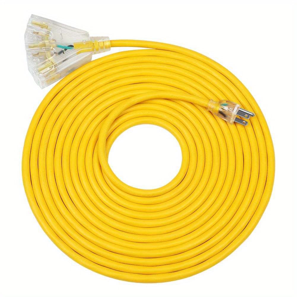TEMU 25ft Heavy Duty Extension Cord 14/3 Sjtw, Yellow 3-outlet Splitter With Led Lighted Plugs, 15a Power Cord