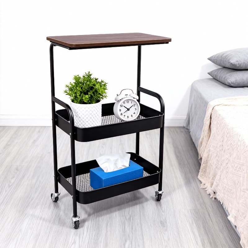 TEMU Three-tier Metal Utility Cart, Metal Storage Rack, Rolling Cart With Wooden Tabletop, Multifunctional Storage Rack With Wheels, Durable , Suitable For Kitchen, Office, Bedroom, Living Room
