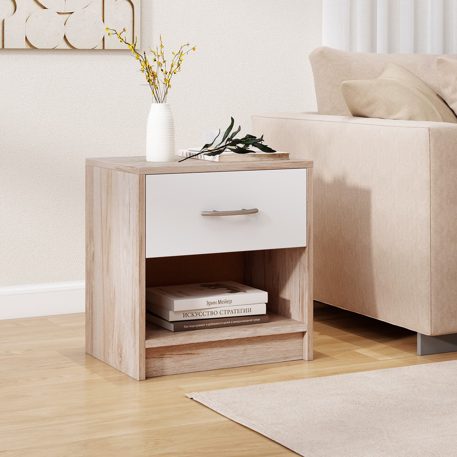 TEMU Costway Nightstand With Drawer, Modern Side Table With Slide-out Drawer, Open Storage Shelf, Bottom Non-slip Pads, Small Accent End Table For Living Room Bedroom