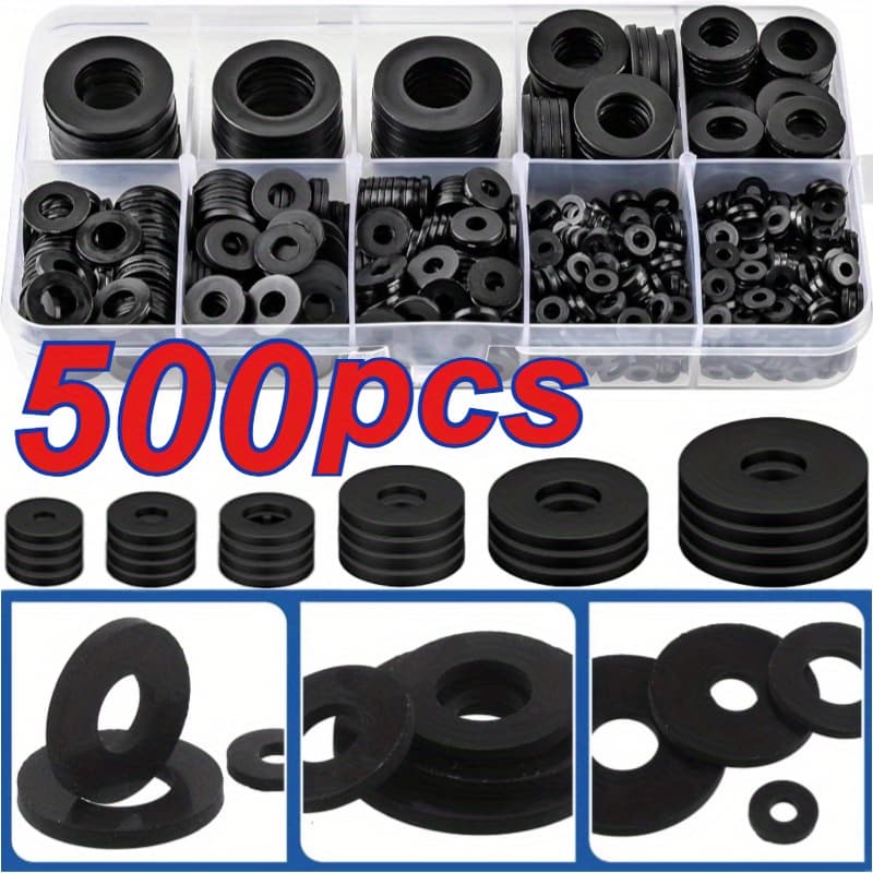 TEMU 500pcs Black Nylon Washer Set - Durable Flat Round Washer For Bolts And Screws, Self-tightening Design, Including M2-m12 Size, Great For And Repairs
