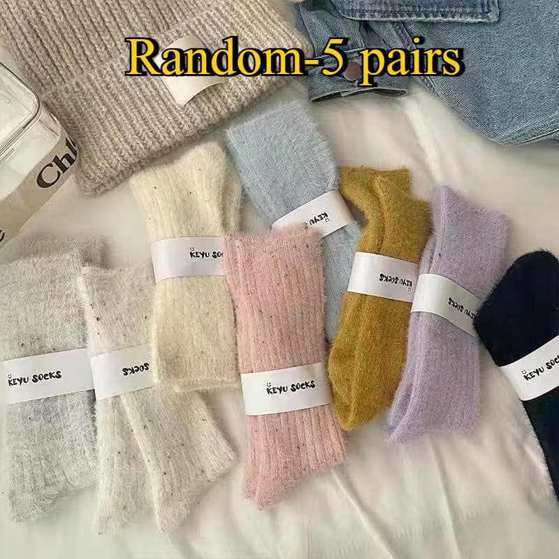 TEMU 5 Pairs Of Colors /solid Yarn Plush Socks Women's Long Socks Ins Trendy Autumn And Winter Plus Plush Easy Warm Mid Tube Pile Socks