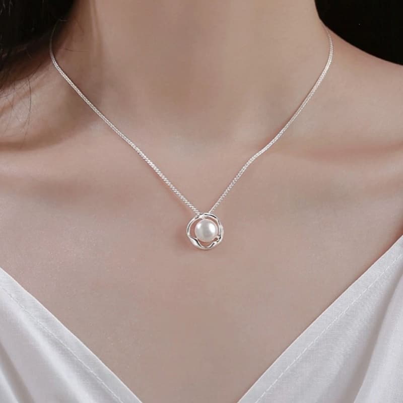 TEMU 925 Sterling Silver Freshwater Pendant Necklace - Elegant With Adjustable Clavicle Chain, For Women In Any Occasion