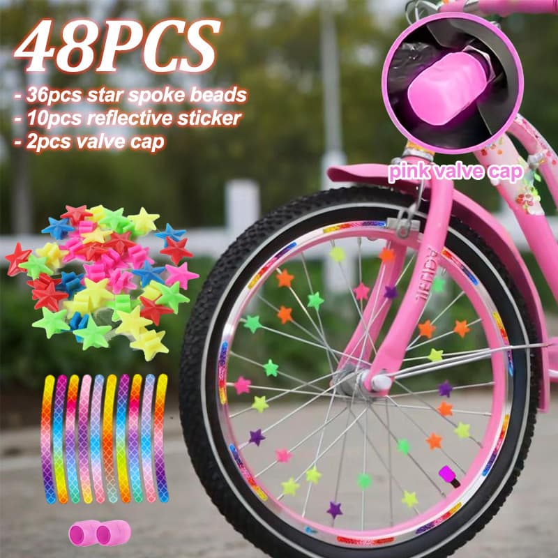 TEMU 48pcs Bike Wheel Decorations -the- Bike Wheel Stickers With Spoke Star Beads & Glow Valve Caps Suitable For Div Style Customization, Fit For, Mountain, Cycling Accessories