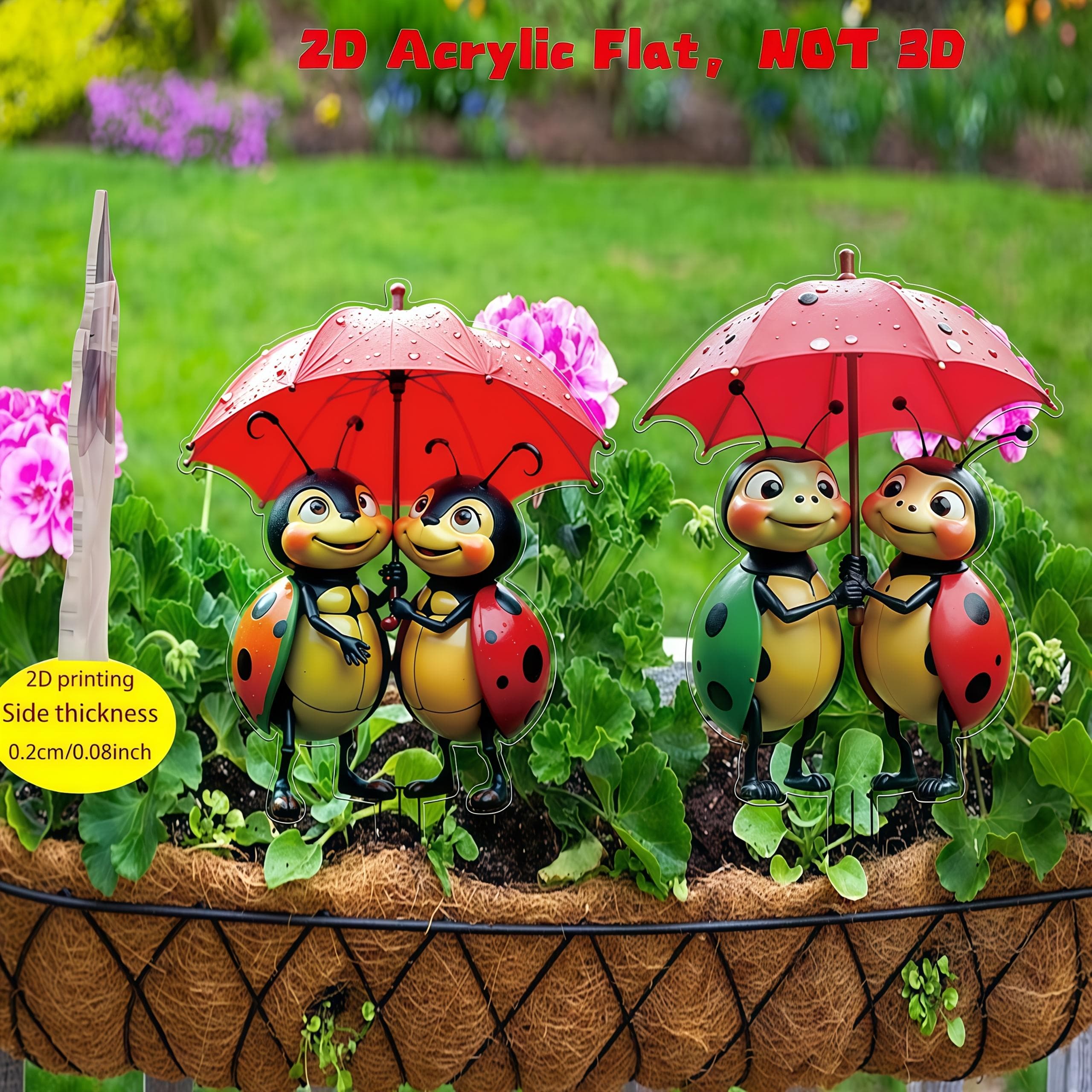 TEMU 2d Flat - 【2d Flat】 2d Flat - [2d Flat] 2d Flat, 2pcs Cute Ladybugs Umbrella Acrylic Garden Yard Decorations Ground Stakes, Suitable For Flower Beds, Lawns, Garden Yard Decor
