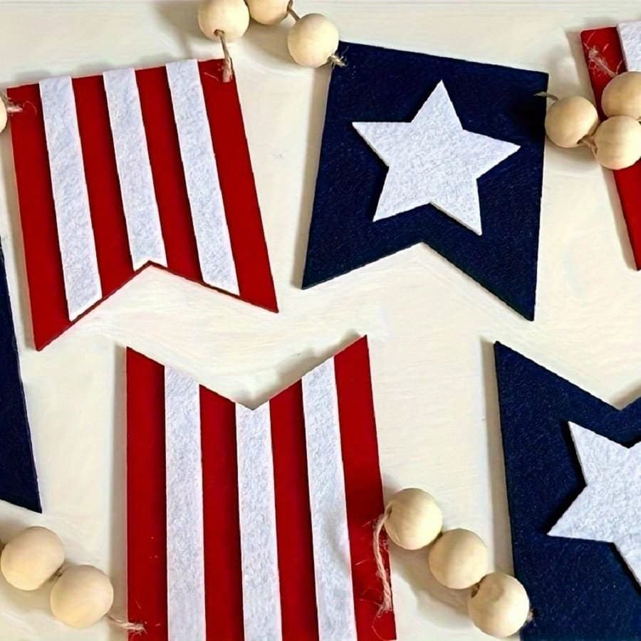 TEMU Flags With Wood Bead Garland - Hanging Decor For Day, American Theme Party, Fireplace Mantle & Home Wall Decoration