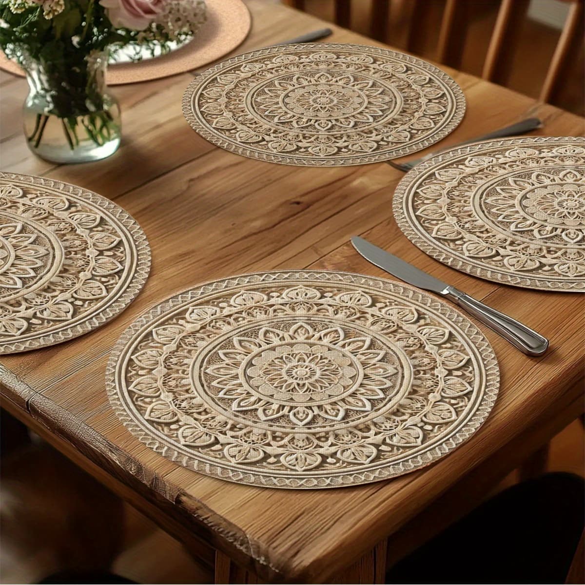 TEMU 4pcs Set, Light Brown And White Pattern Placemats- 15-inch Round Washable Table Mats For Dining Room And Kitchen Decor