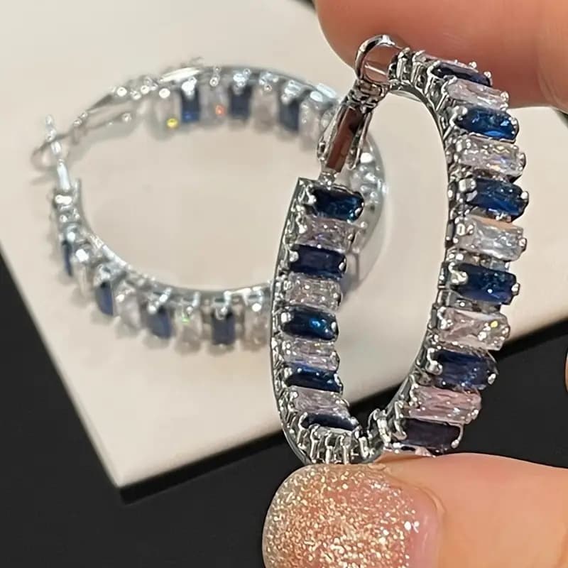TEMU 1 Pair Silvery Color Rectangle Cut Blue White Stone Hoop Earrings Women Wedding Drop Earrings Jewelry Without Card, Without Battery