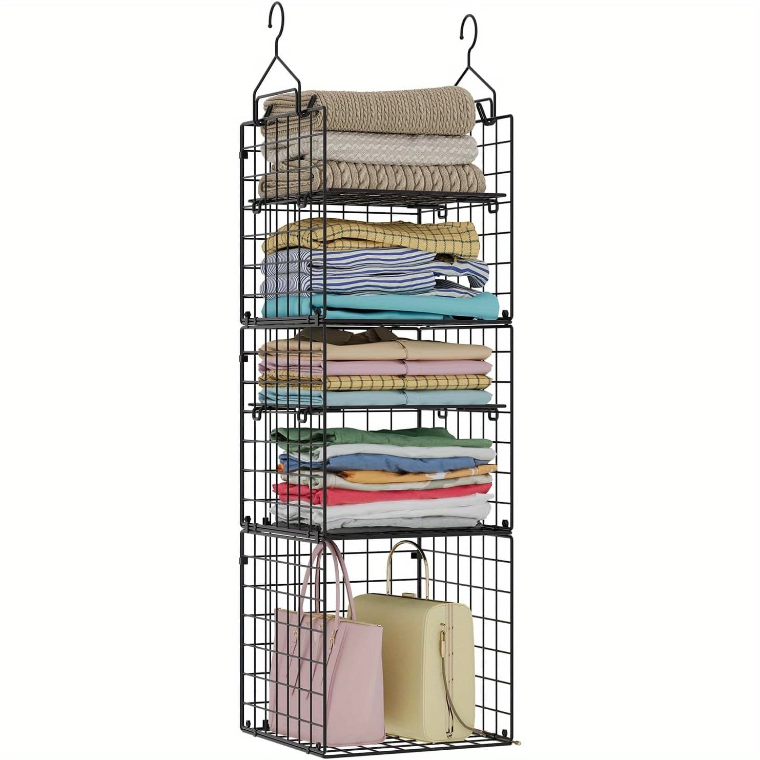 TEMU Hanging Closet Organizer And Storage- 5-tier Closet Storage Organizer Baskets For Clothes& Adjustable Collapsible Metal Closet Hanging Organizer Shelves For Sweaters Shoes Handbags