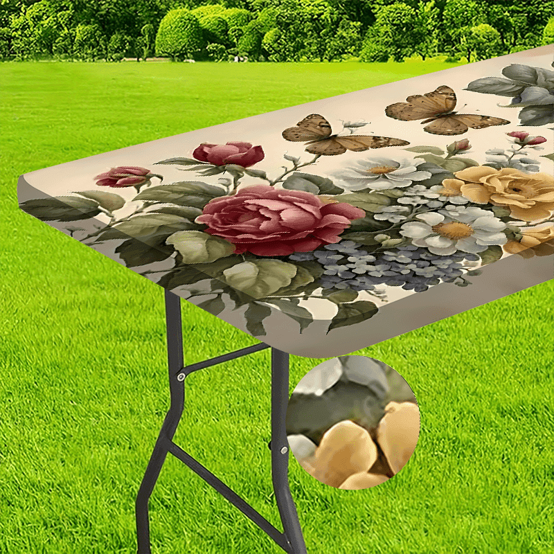 TEMU 1pc Washable Outdoor Tablecloth With Elastic Edges - Durable Polyester Rectangular Table Cover For Camping, Picnics, Garden Parties - Bright Colors, Indoor/outdoor Use, Machine Washable