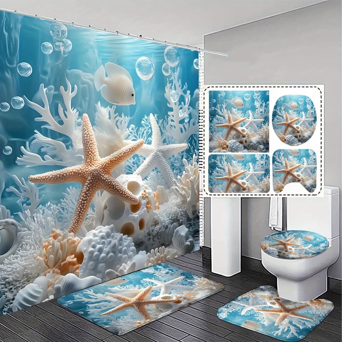TEMU 2d Flat, 4pcs Bathroom Decoration Set, Ocean Themed 2d Curtain With 12 Hooks, And Non-slip Bath Mats Toilet Lid Cover For Bathroom Decor Exquisite And Decoration Gifts., 2d Flat