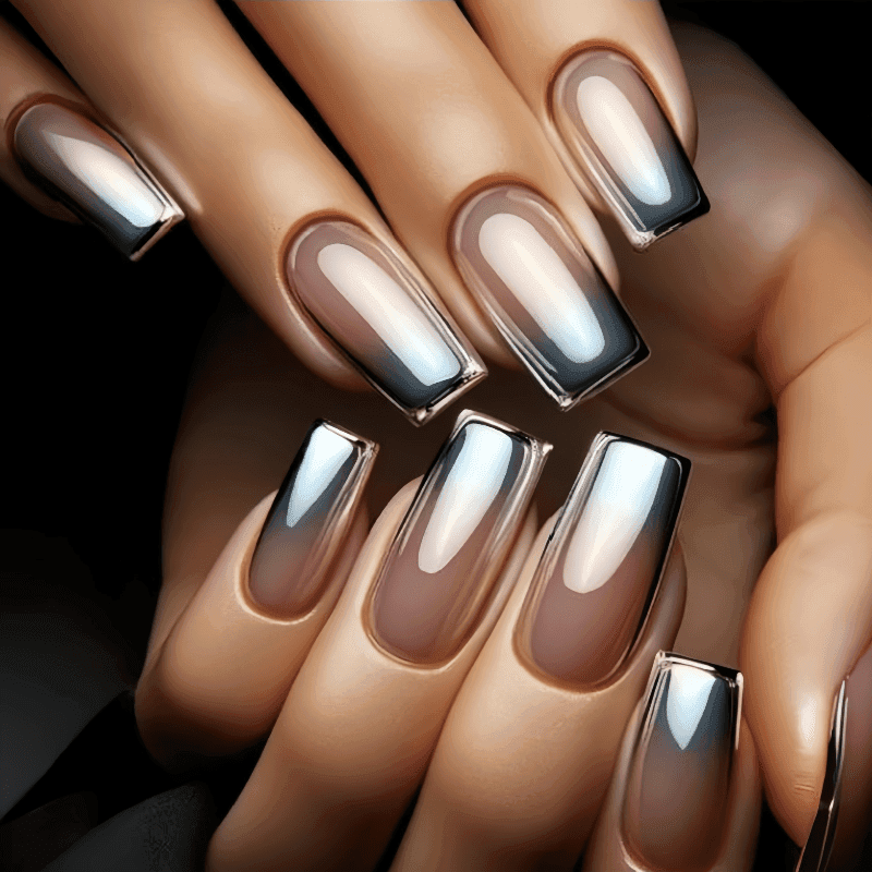 TEMU 48pcs Nude Pink Gradient Silvery -on Nails - Long Square Shape, Gradient Fake Nails With Metal Frame, Reusable Artificial Nails