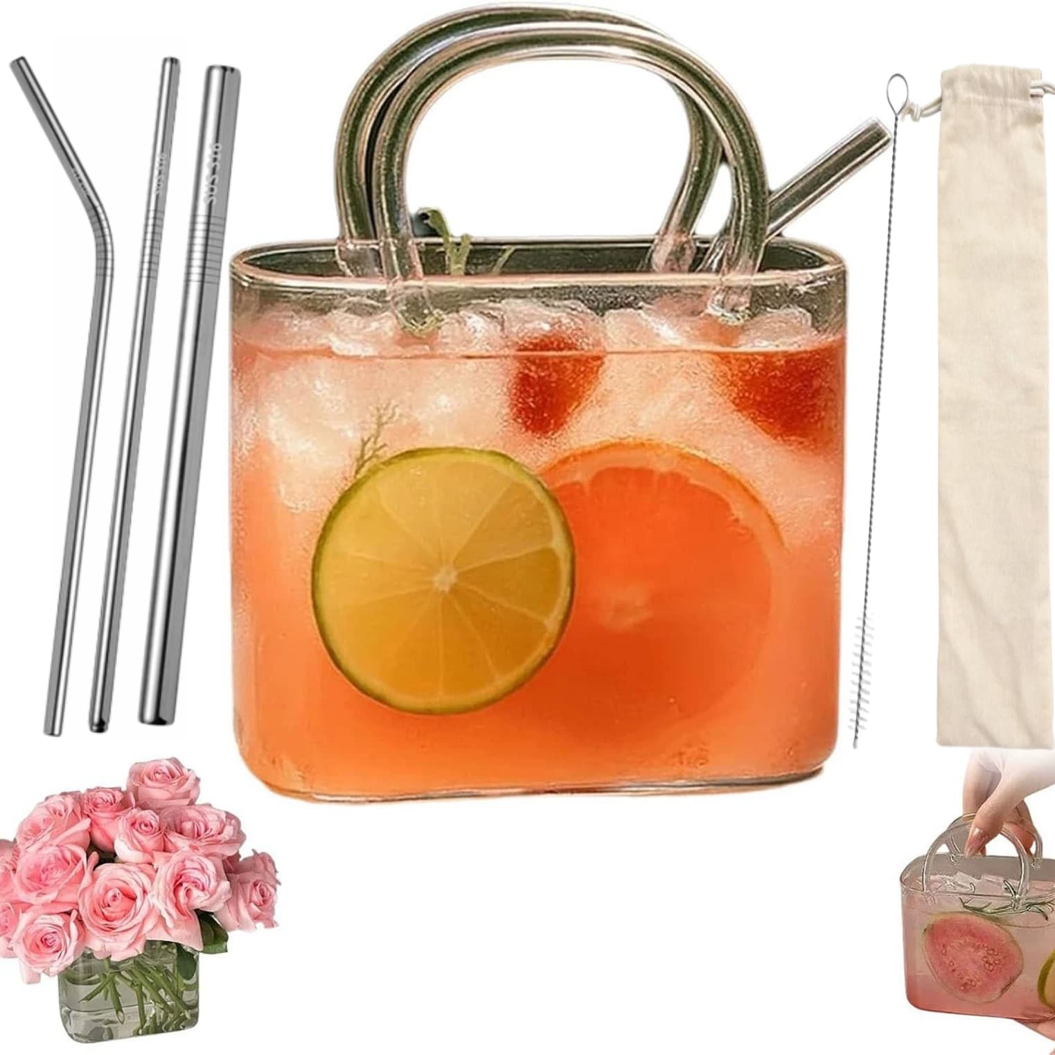 TEMU Handbag-shaped Glass Cocktail Cup Set (includes Straws And Cleaning Brush) - Creative Glasses, Trendy Cocktail Drinkware