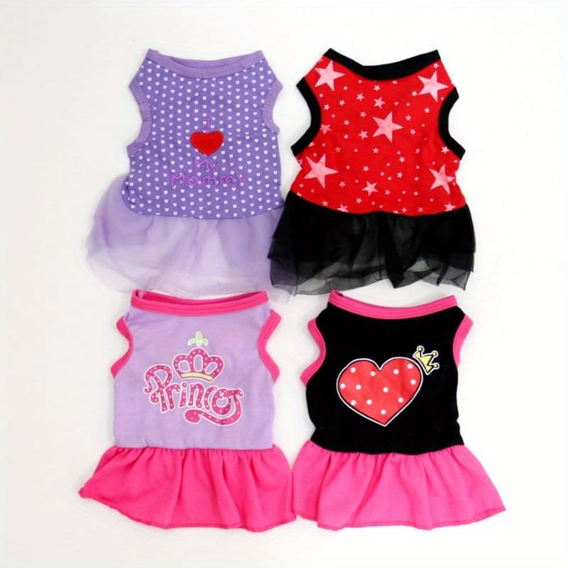 TEMU 4pcs Pet Clothing Summer Tulle Skirt Heart Love Mom Printed Dress