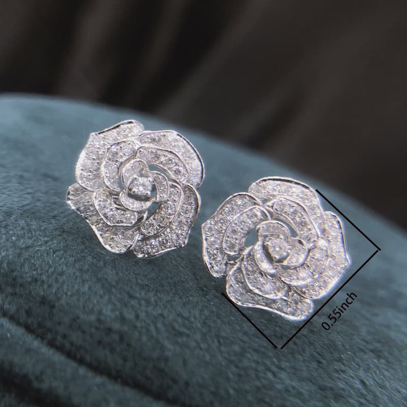 TEMU Rose-shaped Stud Earrings Micro-dense Inlaid Zirconia Silvery-plated Earrings Lady Temperament Bride Engagement Banquet Fine Jewelry