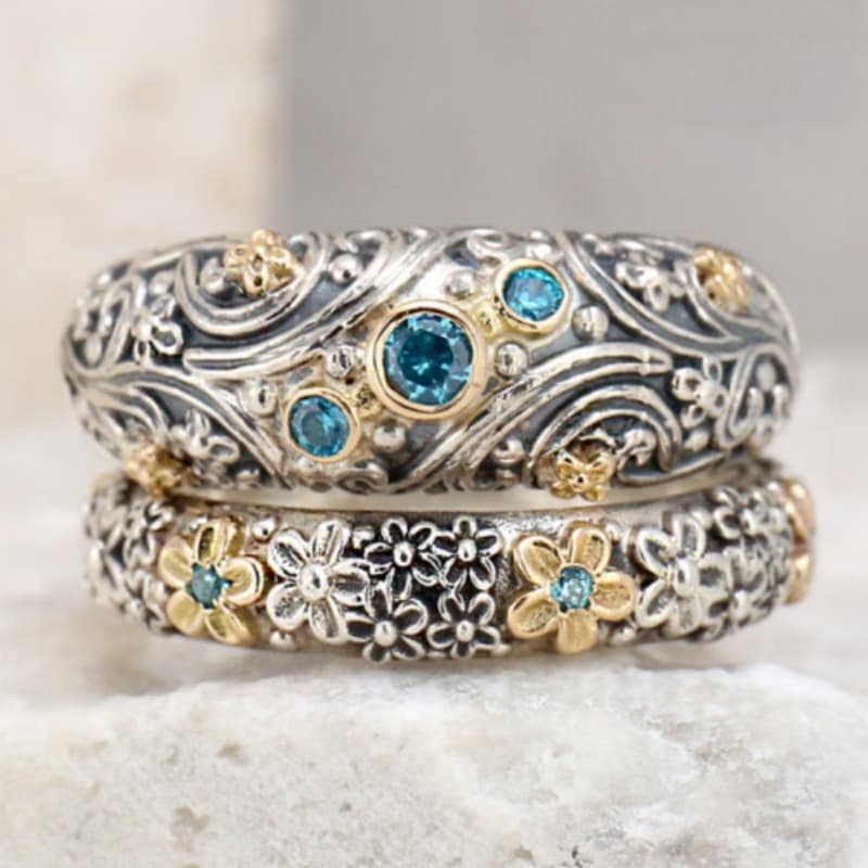 TEMU 2pcs Vintage Texture Exquisite Rings, Elegant Women's Rings, With Blue Synthetic Zircons, Suitable For Daily Vacation Wear And As A Jewelry Gift