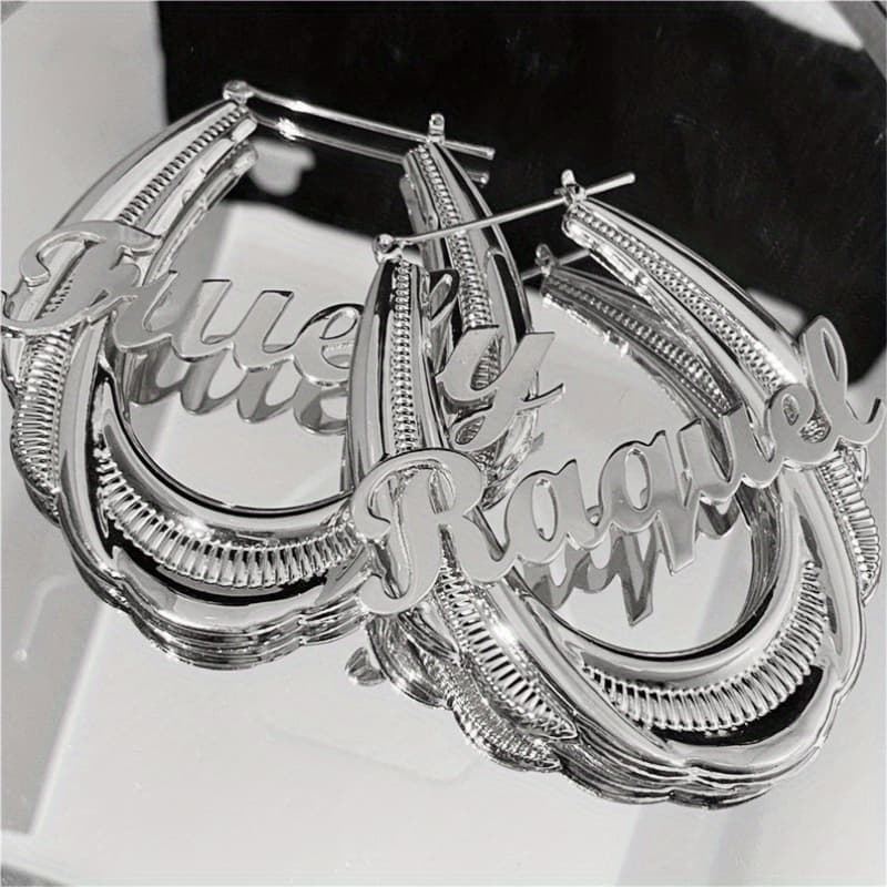 TEMU Personalized Large Hoop Earrings With Custom Name/date/message - Heavy Lettering Hoops Suitable For Women, Wedding,, Valentine' Gift - Custom Name Earrings