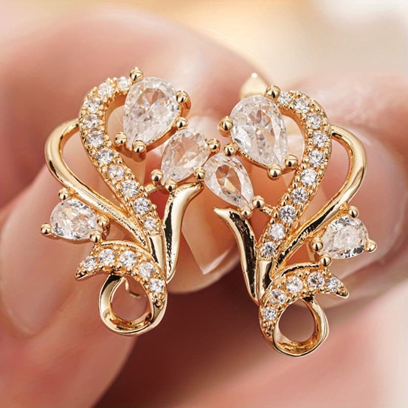 TEMU Fashion Golden Hoop Earrings Exquisite Inlay Synthetic Zirconia Flower Earrings For Women Daily Banquet Vintage Earrings Jewelry