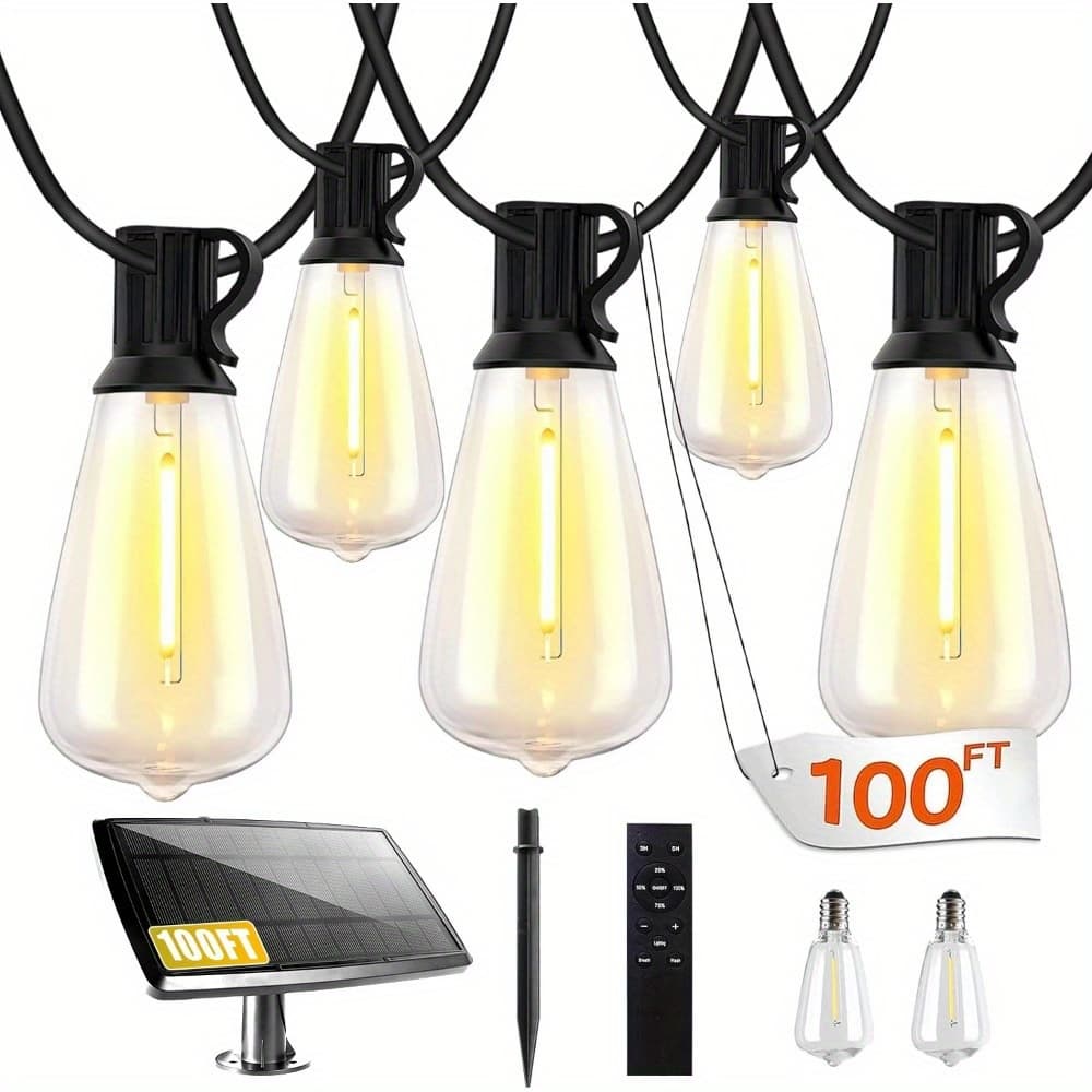 TEMU 100/ 200ft Solar String Lights Outdoor Waterproof, Solar Patio Lights With Res Shatterproof, Solar Powered String Lights For Outside Garden Backyardmote Control & 30+2 Dimmable St38 Edison Bulb