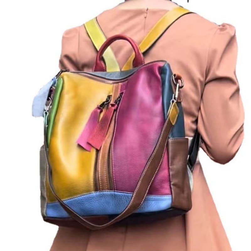 TEMU Genuine Leather Backpacks, Colorful Cowhide Spliced Single-shoulder Crossbody Bags, Casual Backpacks