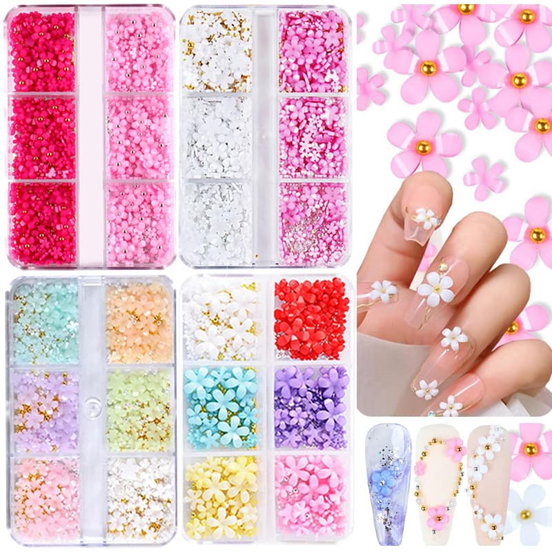 TEMU Of 3d Flower Nail Decorations Featuring Acrylic Cherry Rhinestones In White And Pink, Perfect For Spring-themed Nail Art, Complete With Pearls For