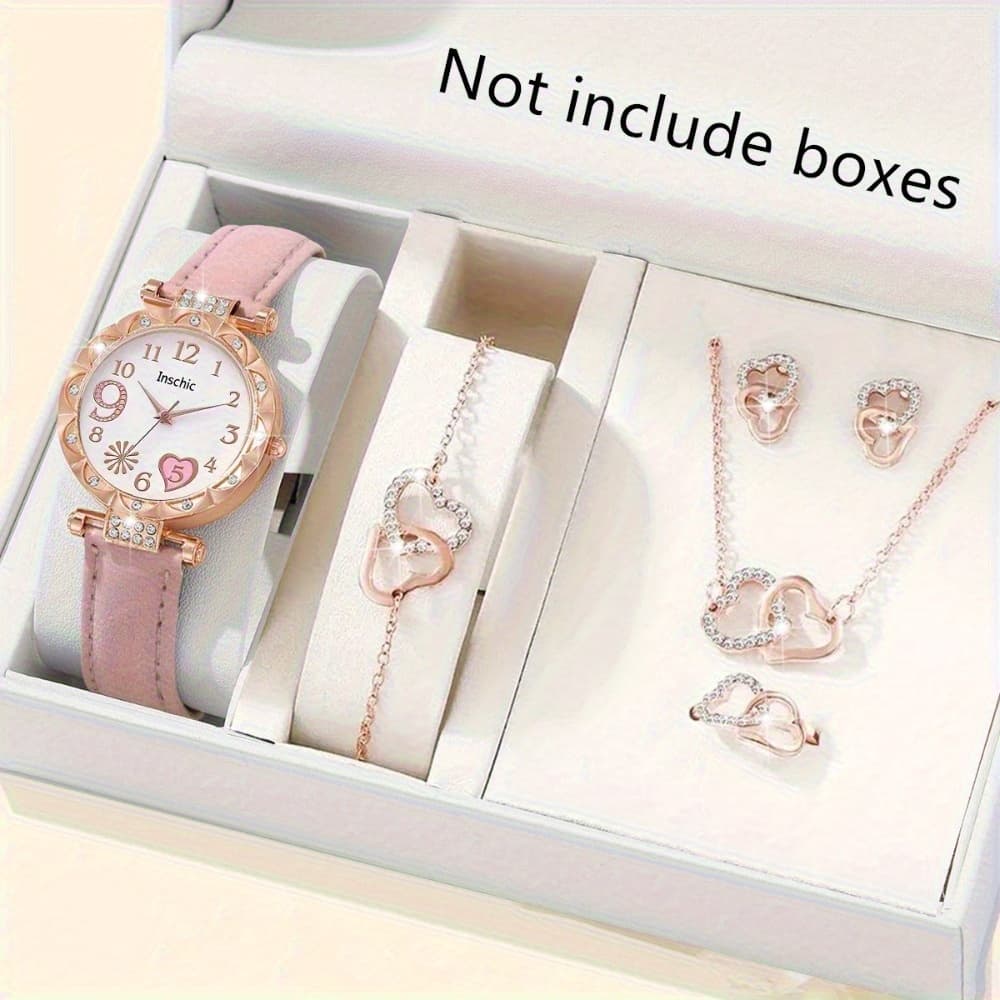 TEMU 6pcs Romantic Heart Themed Watch & Jewelry Set, Casual Quartz Wrist Watch Jewelry Set