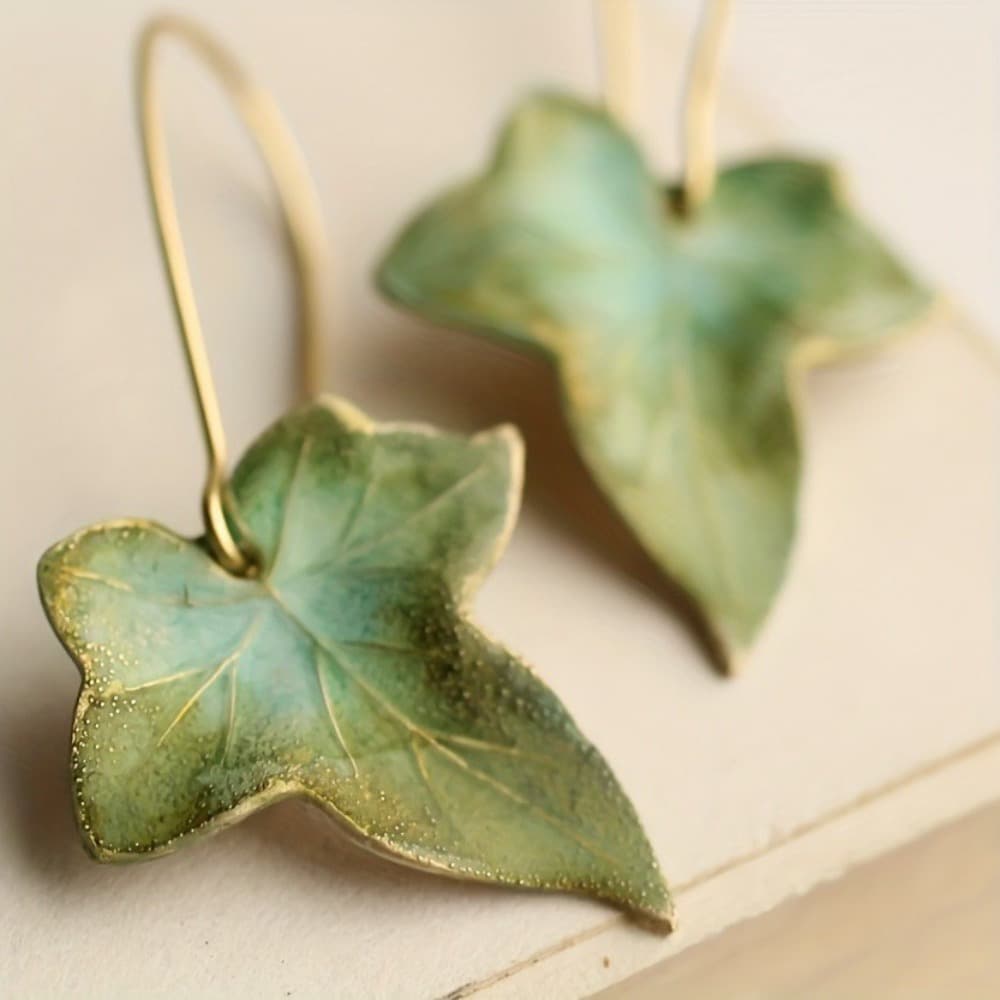 TEMU 1pair Green Leaf Dangle Earrings With Detail - Nature-inspired Elegant Jewelry