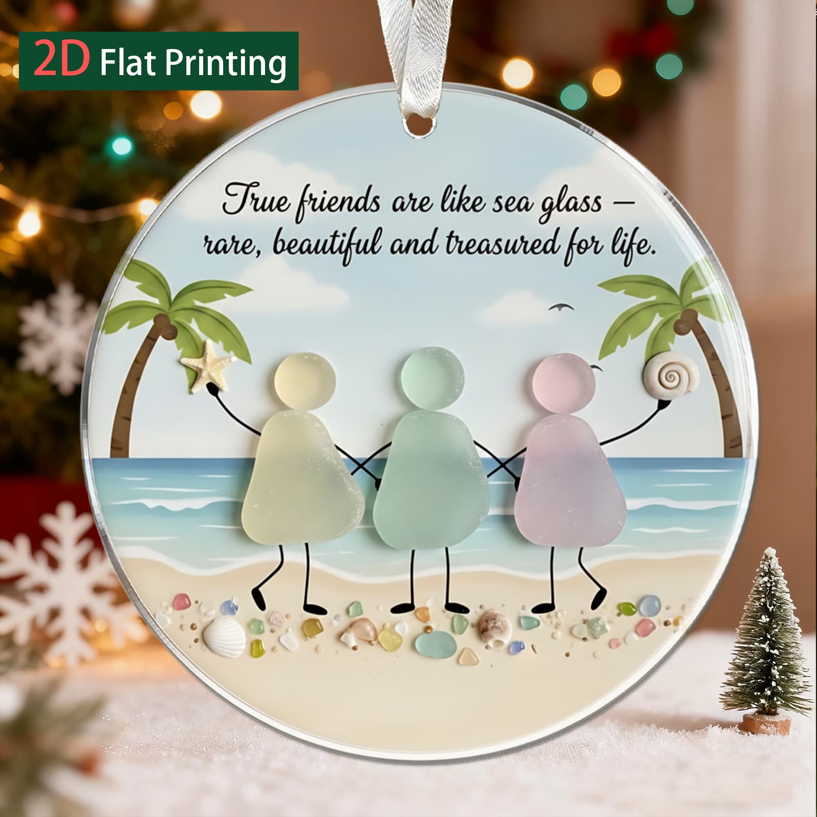 TEMU 2d Flat, 1pc Beach Art Acrylic Hanging Ornament, Art Acrylic Pendant, Palm Tree Sea Pattern, Perfect For Friendship Heart Shaped Keepsake Christmas Tree Ornaments