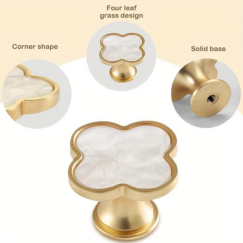 TEMU 2/4pcs Gold- Leaf Clover-inspired Cabinet Handles - Polished Alloy Drawer Pulls With Textured Surface For Dresser, Wardrobe & Bathroom