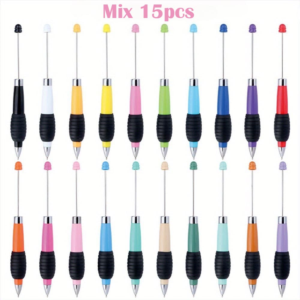 TEMU Mix15pcs Color Thick Black Ballpoint Pens, Beadable Pen Set, Stylish Rotating Design, Durable Writing Pens For Office, School & Back To School Gifts