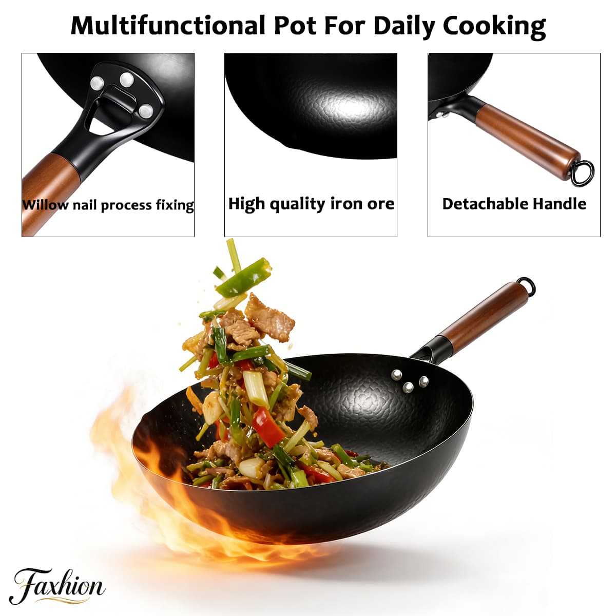 TEMU Handcrafted Wok, Iron Pot, , , Suitable For Induction Cooker, Gas Stove, Halogen Cooker, Durable, Multifunctional, Kitchen Cookware