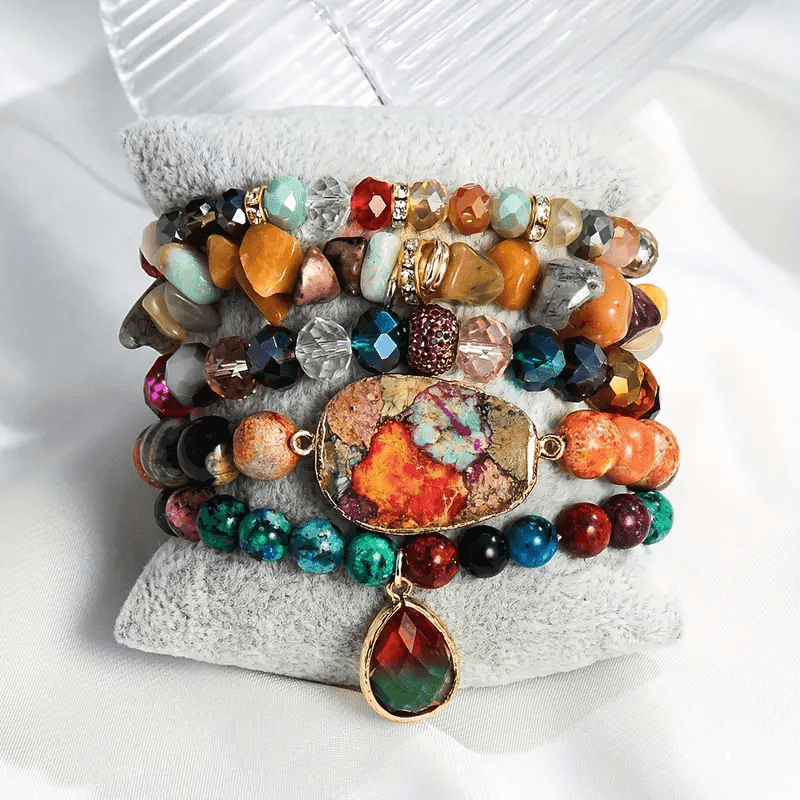 TEMU 5pcs Natural Stone Beaded Stretch Bracelet Set For - Bohemian Stackable Beading With Natural Gemstones, December Birthstone Gift, Resort Style For Vacation Wedding Casual Attire (no Plating)