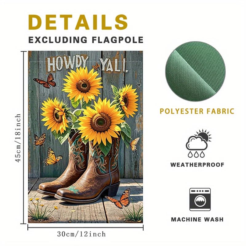 TEMU Flag With Sunflowers, Cowboy Boots & Butterflies - "howdy !" Text - Durable Polyester Outdoor Decor For Garden, Patio, Or Yard - Greeting , Garden Decorations
