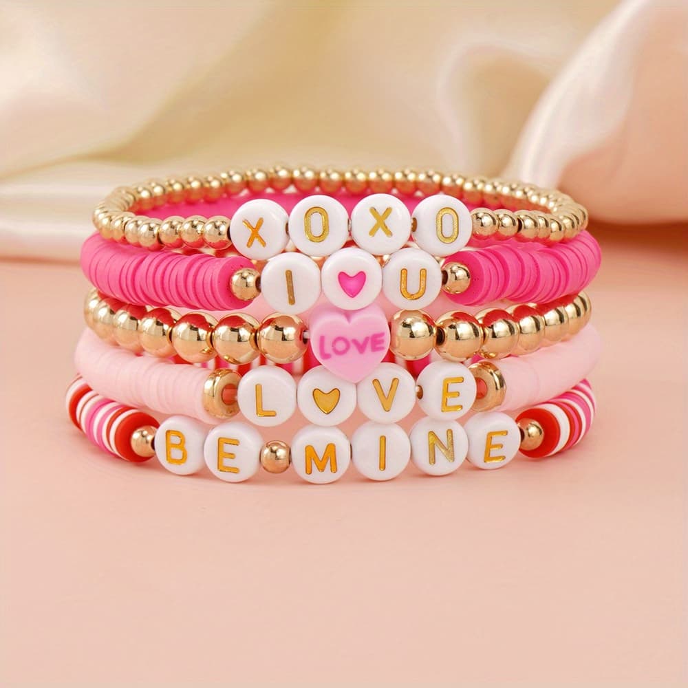 TEMU 5pcs Set Of Valentine's Day Soft Clay Bracelets With Heart Letters And Beads, Suitable For Holiday Gifts
