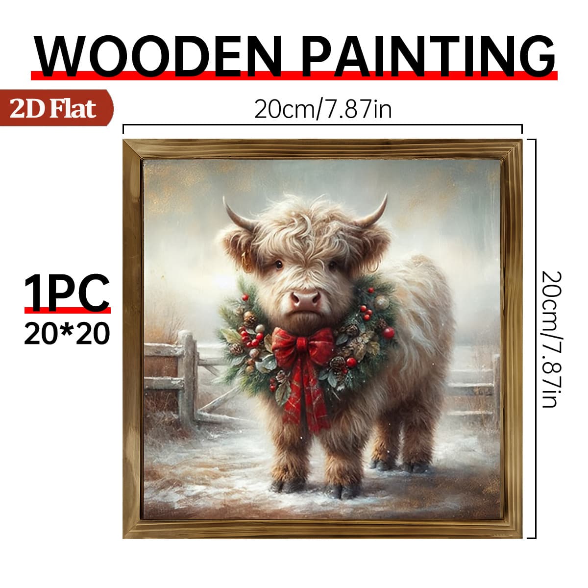 TEMU 2d Flat, 1pc Rustic Scottish Highland Cow With Wreath Wooden Plaque - Christmas Tree Decor Suitable For Wall & Tabletop, Farmhouse Style Holiday Gift, 8x8 Inch, 2d Flat