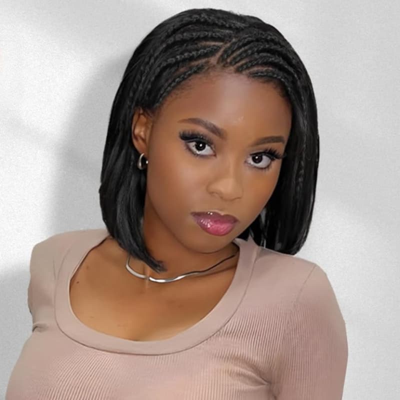 TEMU Alilb Elegant Braided Cornrow Bob Wig For Women - 13x4 Lace Front, Shoulder-length Synthetic Hair, Heat Resistant Fiber, Versatile Style For All , Wig | Polished Look Wig | Synthetic Hair Wig