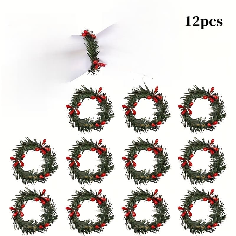 TEMU Set Of 12 Christmas Napkin Rings, Featuring A Pine Needle Wreath With Red Berries, Winter, Family Gatherings, Parties, And Christmas Table Settings