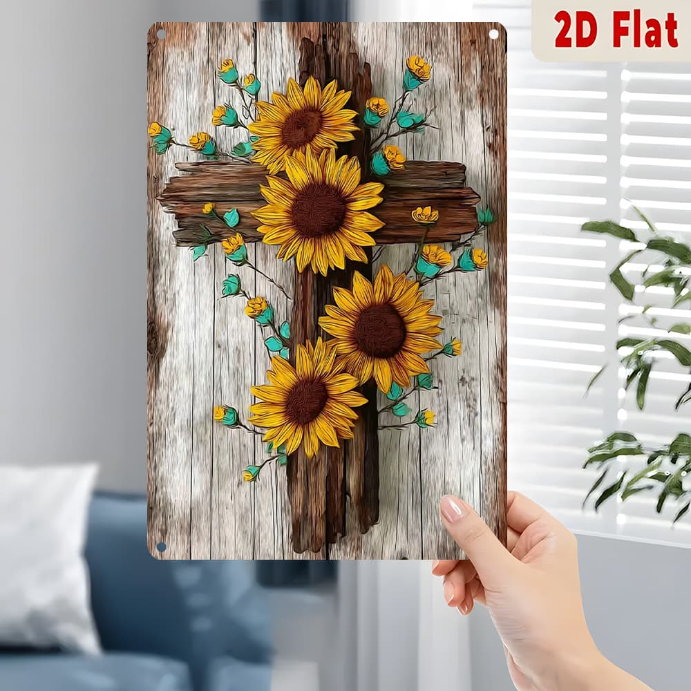 TEMU 2d Flat - Decorative Metal Sign For Wall Art In 2d Flat Design, Featuring And A Wooden Cross. Ideal As A Holiday Gift For , Easy To Hang, And A Perfect Addition To Home Decor