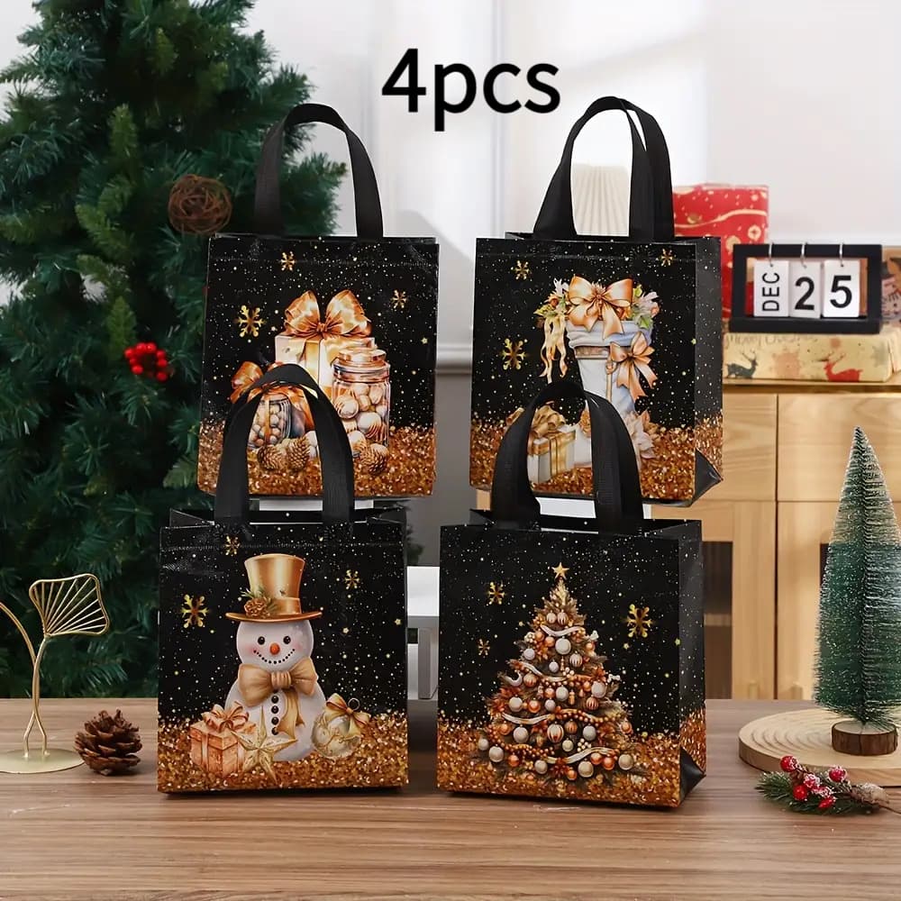 TEMU Gift For Her/him 4/8pcs Christmas Gift Bag Set, Black And Golden Reusable Christmas Party Gift Bags, Suitable For Holiday