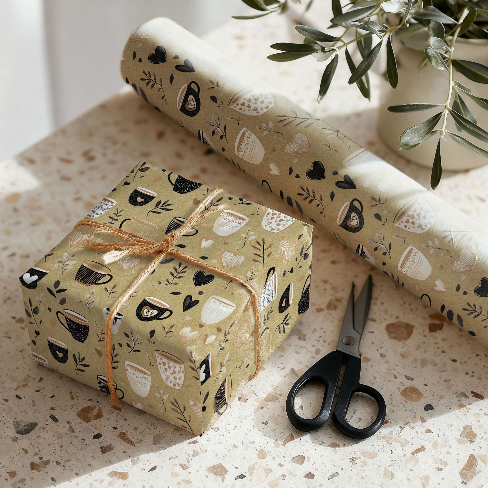TEMU 1 Roll Of Gift Wrapping Paper, -wrapped Gift Wrap, Tea Cup Pattern Gift Neutral Tones, Durable Paper, Suitable For Gift Wrapping, Diy Projects, And Decorations
