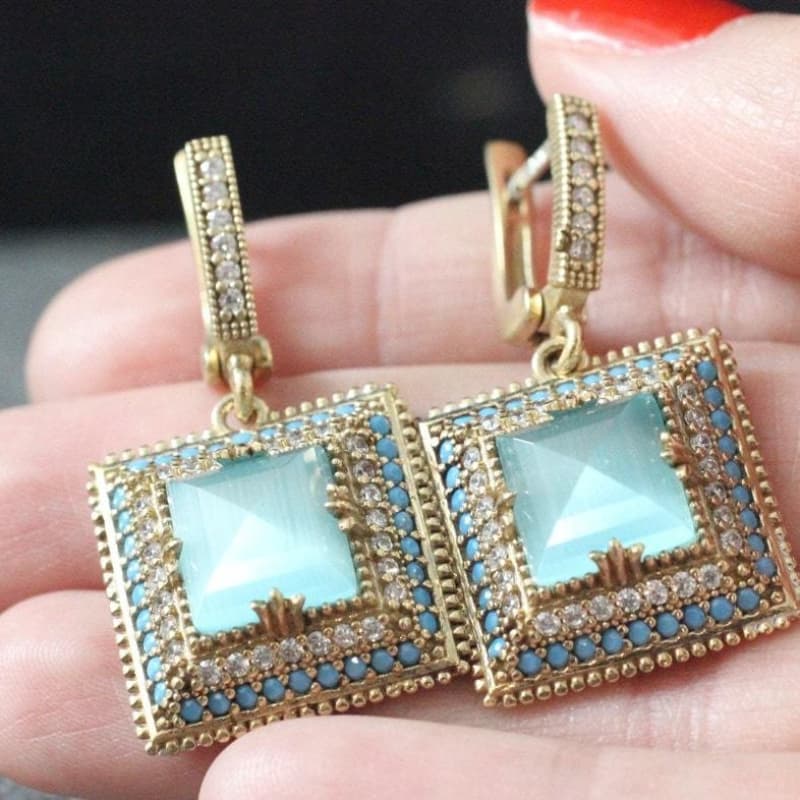TEMU 2pcs Gold-tone Aquamarine Cubic Zirconia Drop Earrings, Vintage Artisan-inspired Statement Jewelry For Glam Bohemian Enthusiasts, Perfect For Date Festival Birthday Anniversary