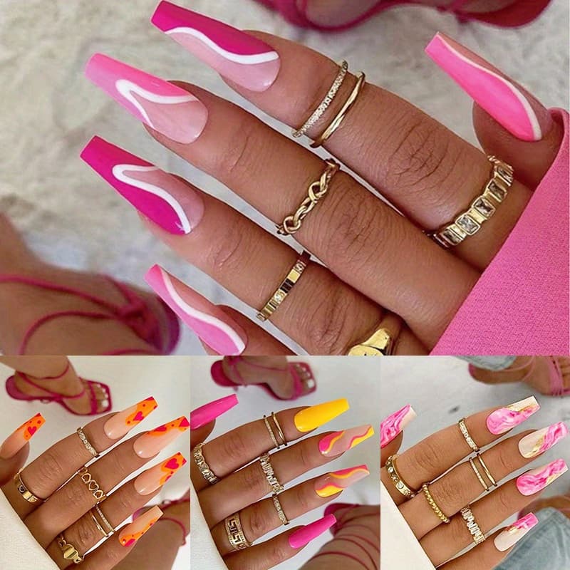 TEMU 96pcs (4 Pack) Pink Gradient Pressed On Rectangular Fake Nails, Design, Full Cover Smooth Acrylic Nails, Coffin Nails On Nails For Women