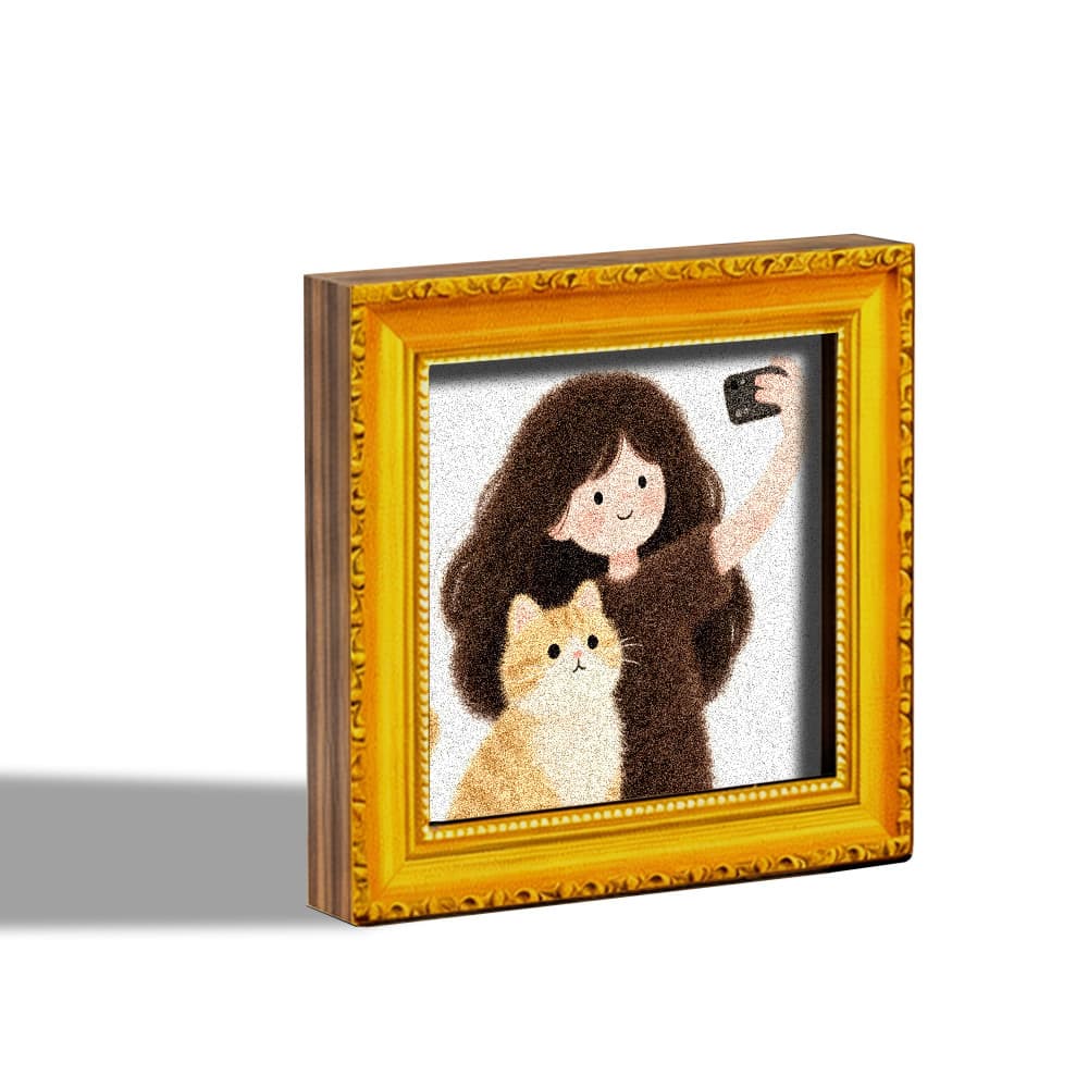 TEMU 1pc Girl And Fridge Magnet, Wooden Mini Decorative Painting, Cute Selfie Scene, Wooden Fridge Magnet, Decor, Creative Gift, Pet , Back Is Full Of Magnet