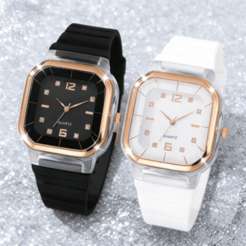 TEMU 2pcs Fashion Simple Square Women's Quartz Watches, Casual Silicone Band Ladies Quartz Wristwatch Reloj Mujer Clock(without Box)