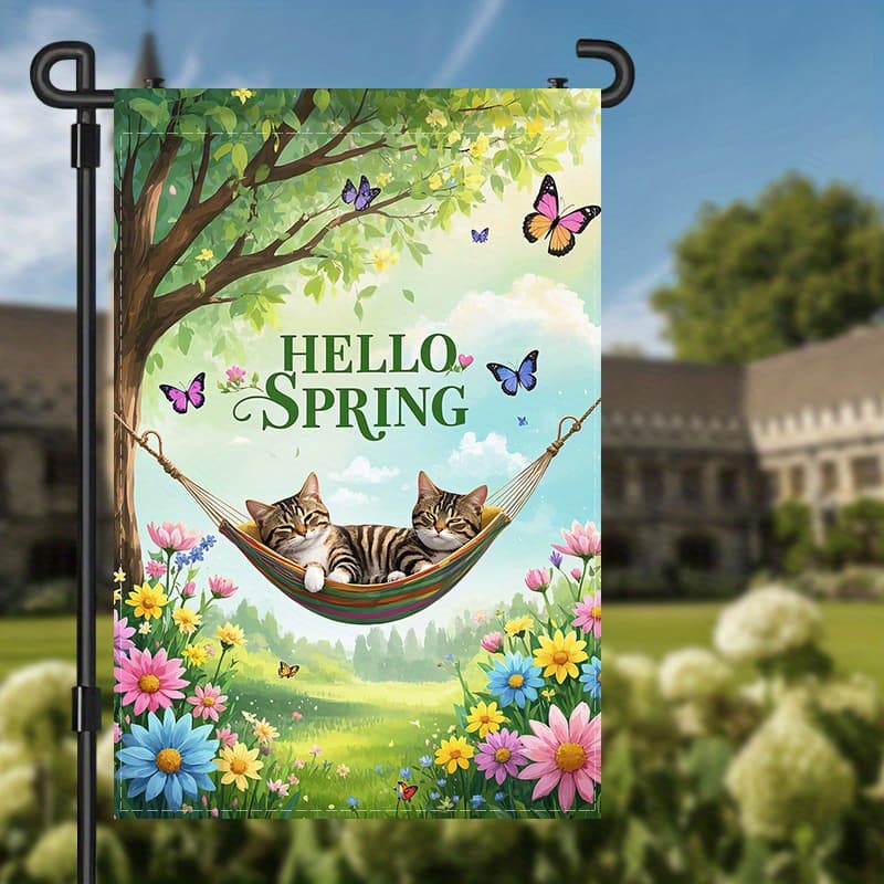 TEMU 2d Flat - 2d Flat - Banner Featuring An Adorable Cat Lounging In A Hammock, Surrounded By Flowers And Butterflies, With The ''. Made From Durable Polyester