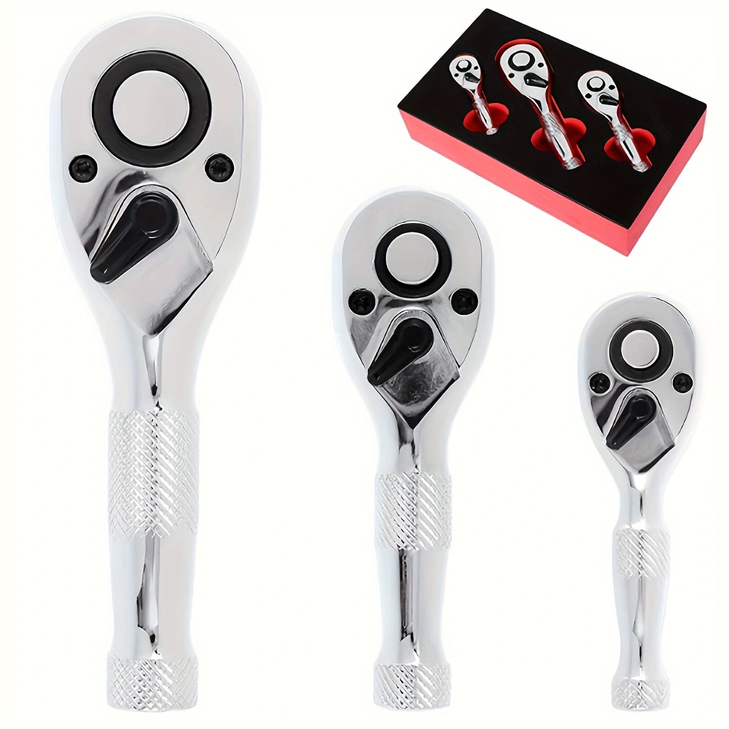 TEMU 3pcs Short Ratchet Wrench Set, 72 Tooth Short Handle Repair Tool Reversible Mini Ratchet Wrench 1/4" 3/8" 1/2" Quick Release Ratchet Set Heavy Duty Professional Small Ratchet Set