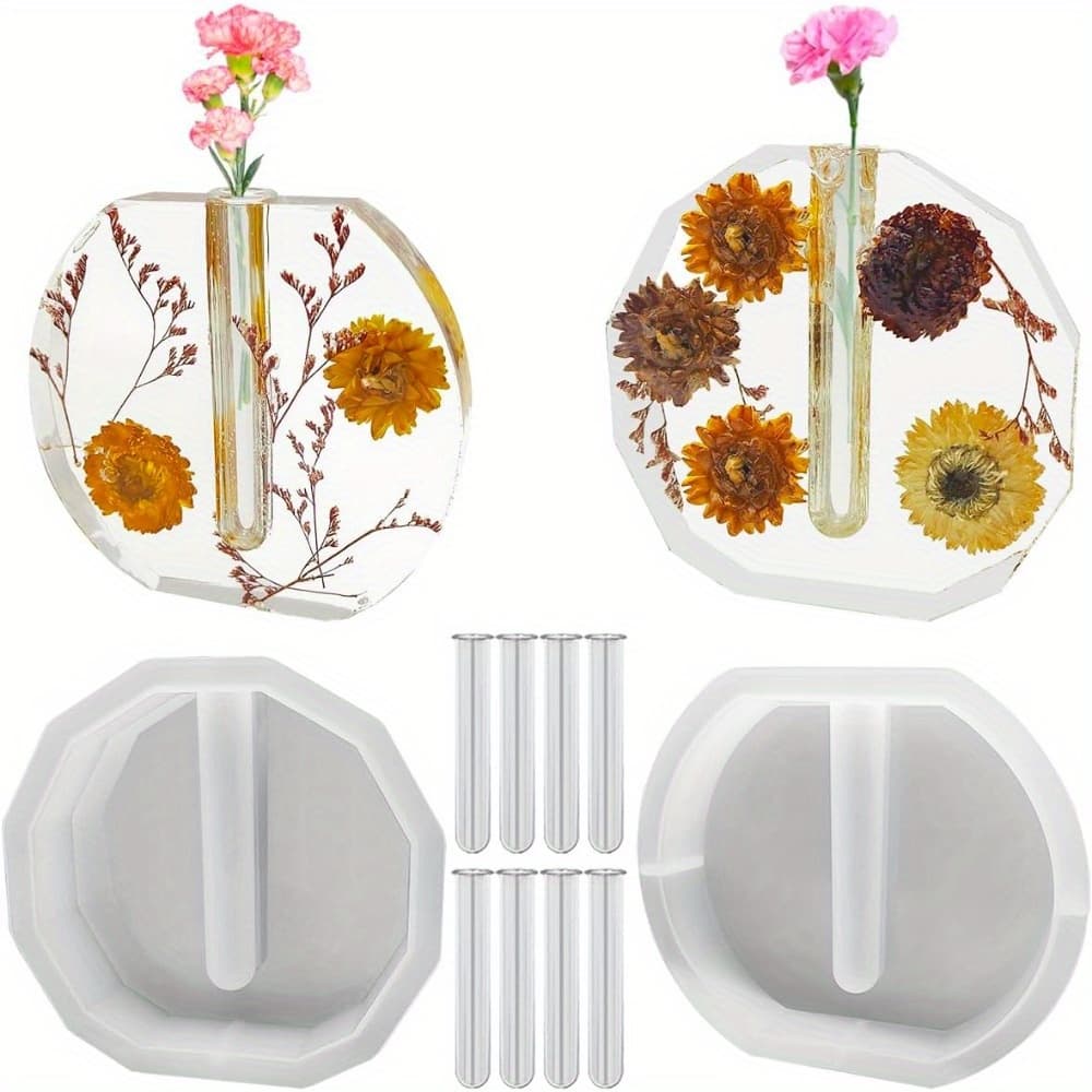 TEMU 2pcs Resin Silicone Molds, Silicone Vase Molds For Epoxy Resin, Polygonal And Elliptical Planters With 8 Tubes, For Flower Preservation, Hydroponics, Wedding, Ornaments