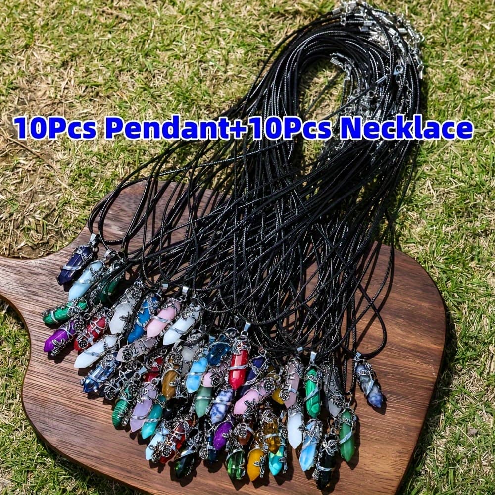 TEMU 20pcs Natural Stone Hexagon Prism Shaped Wrapped Flower Pendant Necklace Suit, Including 10pcs Hexagon Prism With 10 Ropes For Diy Necklace Jewelry Handmade, Casual Accessories And Gifts
